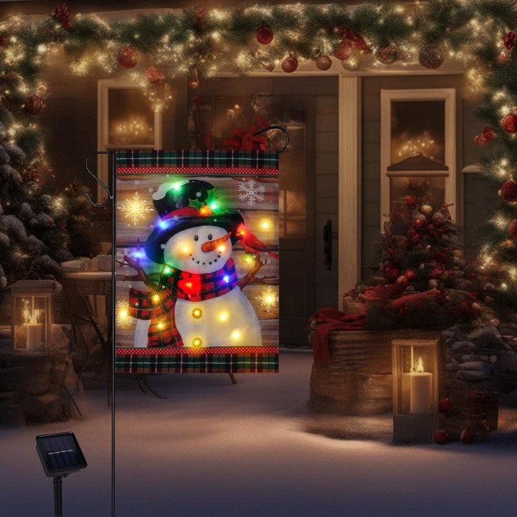 12x18in Double Sided Christmas Snowman Flag, Christmas Garden Flag with Solar LED Lights