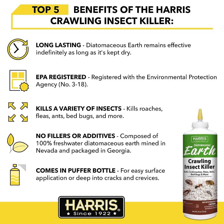 Harris Diatomaceous Earth Crawling Insect Killer, for Roaches, Fleas, Ants, Bed Bugs, and More