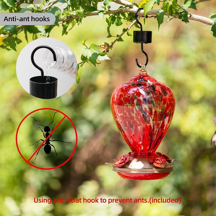 34OZ Hand Blown Glass Hummingbird Feeders for Outdoors Hanging, Porch Backyard Decor