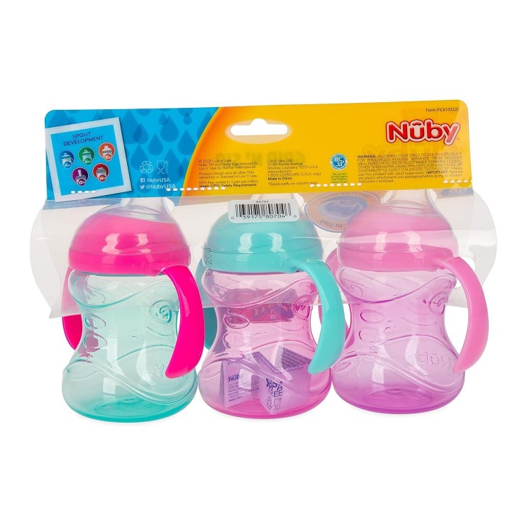 Nuby 3 Piece No-Spill Grip N’ Sip Cup with Silicone Soft Flex Spout