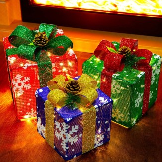 ATDAWN Set of 3 Lighted Gift Boxes Christmas Decorations, Christmas Gift Box Decorations