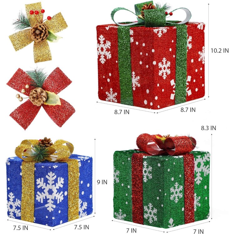 ATDAWN Set of 3 Lighted Gift Boxes Christmas Decorations, Christmas Gift Box Decorations
