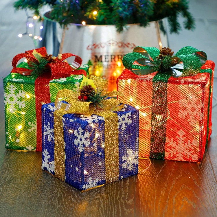 ATDAWN Set of 3 Lighted Gift Boxes Christmas Decorations, Christmas Gift Box Decorations