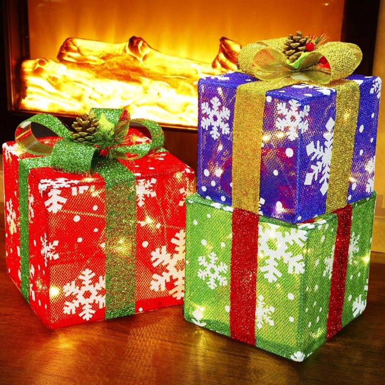 ATDAWN Set of 3 Lighted Gift Boxes Christmas Decorations, Christmas Gift Box Decorations