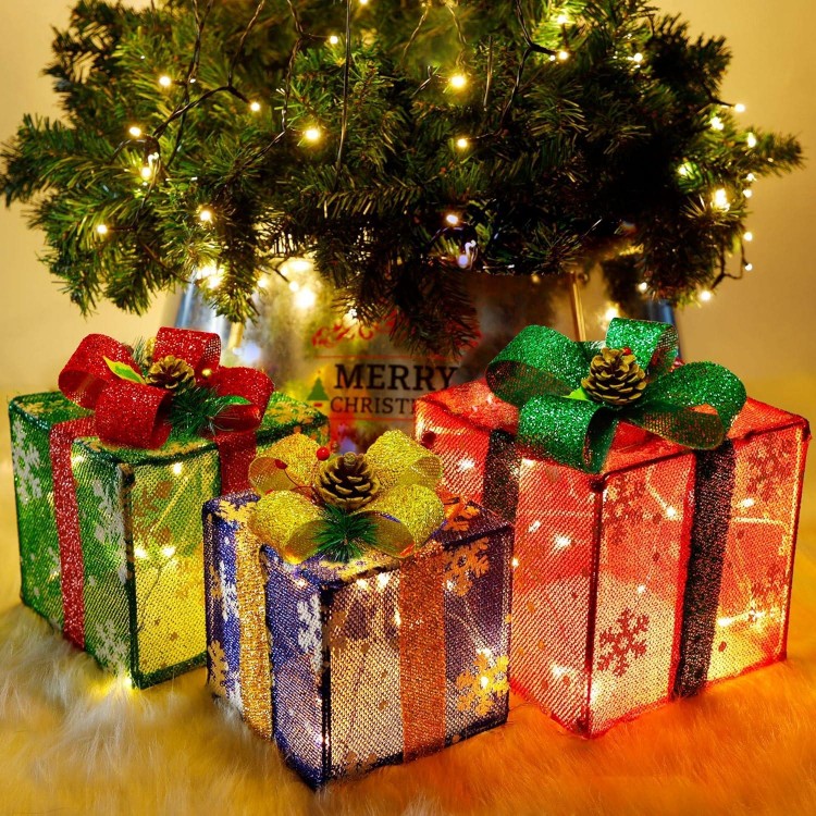 ATDAWN Set of 3 Lighted Gift Boxes Christmas Decorations, Christmas Gift Box Decorations