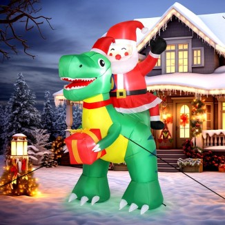 VINGLI 6ft Tall Christmas Santa Dinosaur Inflatable, Garden Decor
