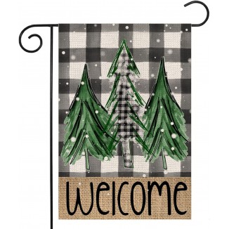 Welcome Christmas Trees Winter Garden Flag Vertical Double Sided Buffalo Plaid