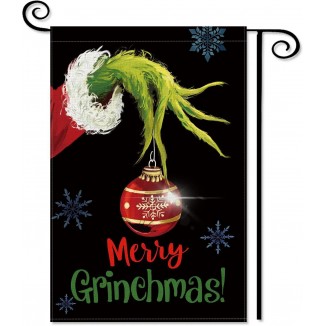 Grinch Merry Christmas Garden Flag 12x18 Double Sided Burlap Xmas Grinch Decor