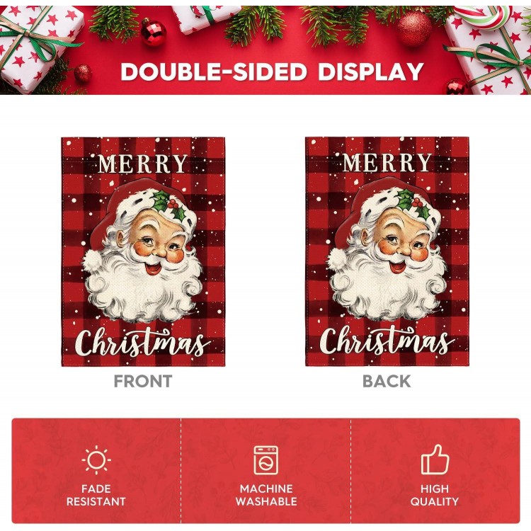 AVOIN Merry Christmas Santa Claus Garden Flag Double Sided, Watercolor Buffalo Plaid