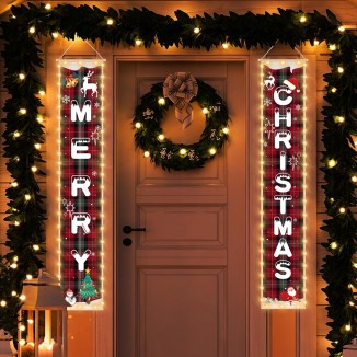 Christmas Decoration Bnners with String Lights, Merry Christmas Banner Porch Sign