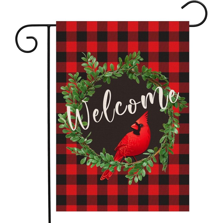 Cardinal Christmas Garden Flag | Buffalo Check Plaid Winter Yard Flag Double Sided