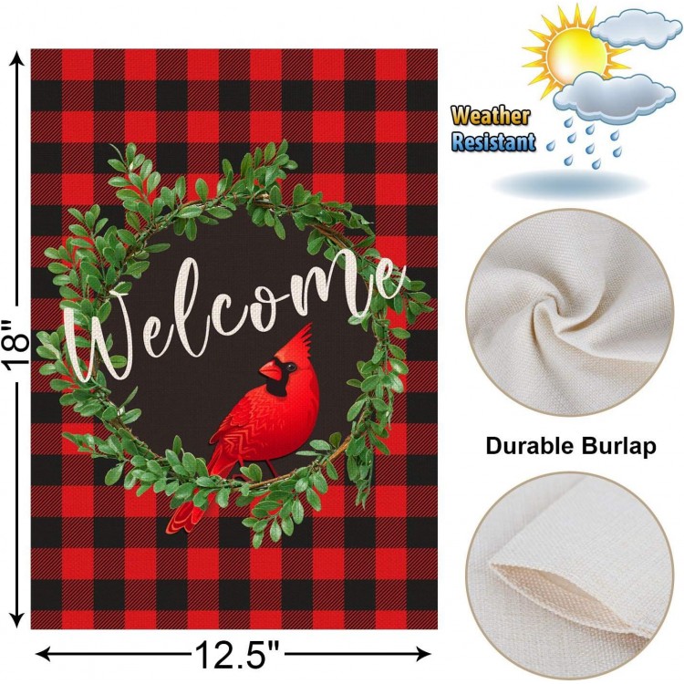 Cardinal Christmas Garden Flag | Buffalo Check Plaid Winter Yard Flag Double Sided