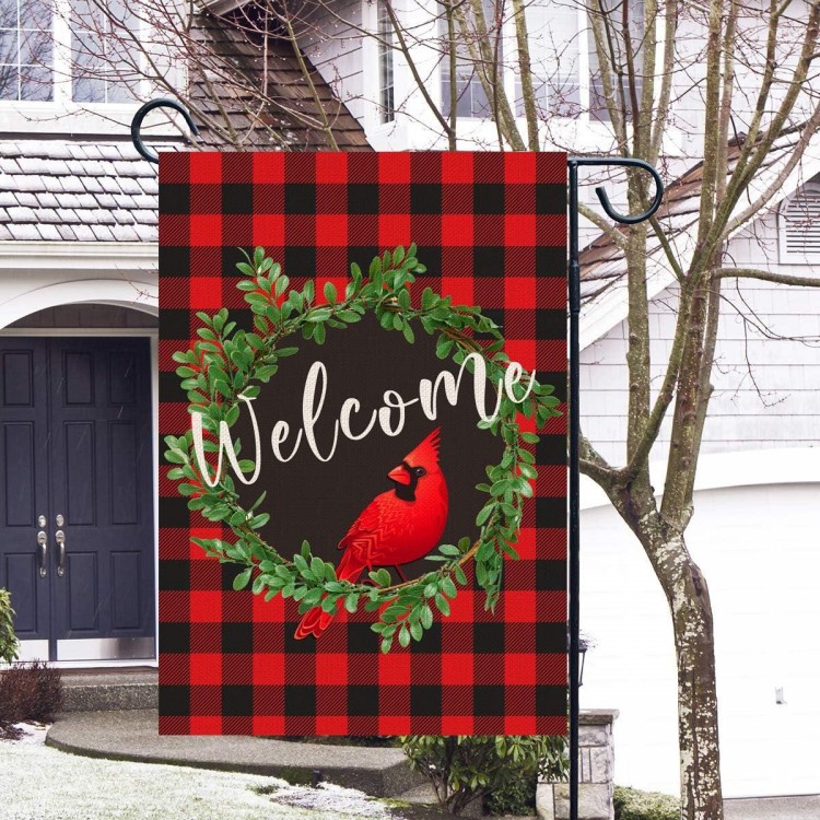 Cardinal Christmas Garden Flag | Buffalo Check Plaid Winter Yard Flag Double Sided