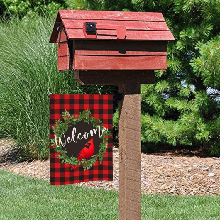 Cardinal Christmas Garden Flag | Buffalo Check Plaid Winter Yard Flag Double Sided