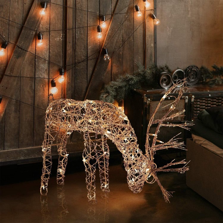 Alpine Corporation Grazing Rattan Reindeer Decoration with Warm White Lights