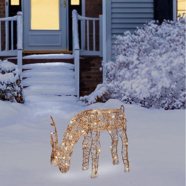 Alpine Corporation Grazing Rattan Reindeer Decoration with Warm White Lights