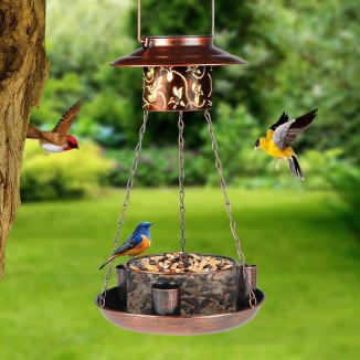 Tepaken Solar Bird Feeder for Outdoor Hanging with Water Cup Metal Wild Birdfeeder