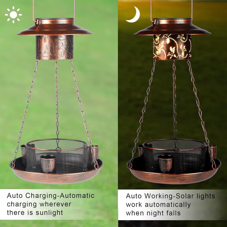 Tepaken Solar Bird Feeder for Outdoor Hanging with Water Cup Metal Wild Birdfeeder