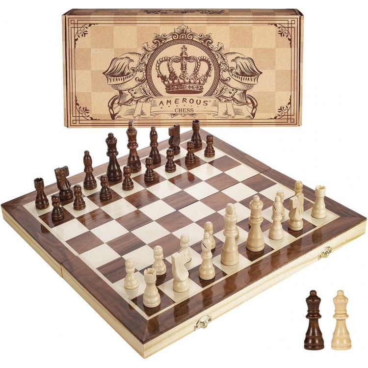 AMEROUS 15 Inches Magnetic Wooden Chess Set - 2 Extra Queens -6 up Age