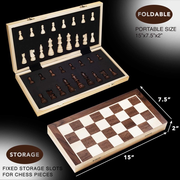 AMEROUS 15 Inches Magnetic Wooden Chess Set - 2 Extra Queens -6 up Age
