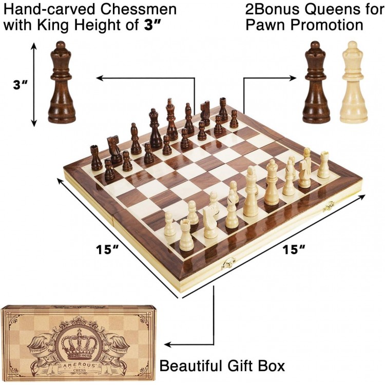 AMEROUS 15 Inches Magnetic Wooden Chess Set - 2 Extra Queens -6 up Age