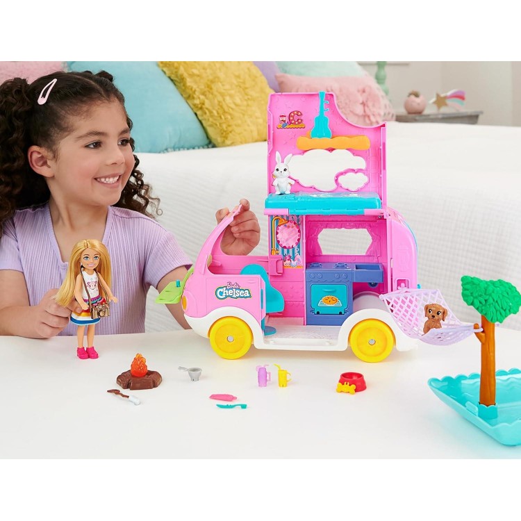 Barbie Camper, Chelsea 2-in-1 Playset with Small Doll, 2 Pets