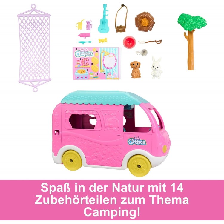 Barbie Camper, Chelsea 2-in-1 Playset with Small Doll, 2 Pets