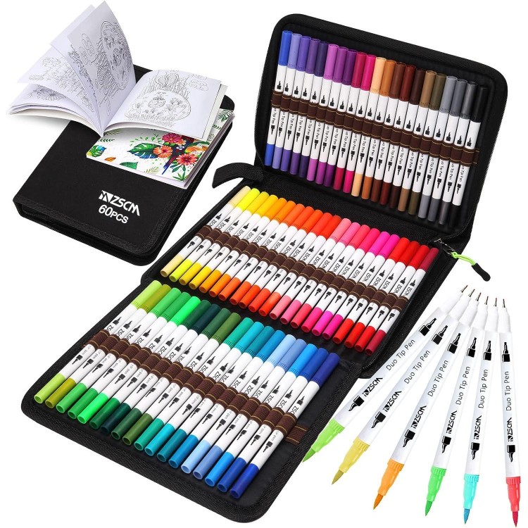 ZSCM Art Duo Tip Brush Markers Set,Fine& Brush Tip Artist Drawing Pens Set