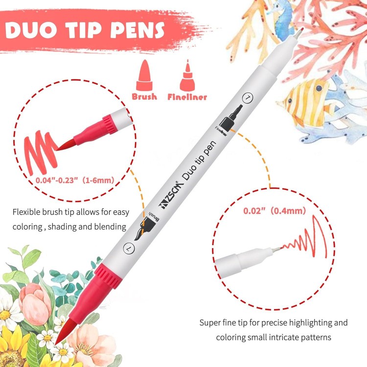 ZSCM Art Duo Tip Brush Markers Set,Fine& Brush Tip Artist Drawing Pens Set