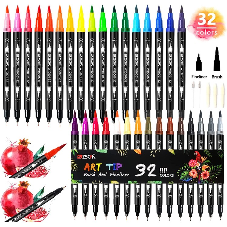 ZSCM 32 Colors Duo Tip Brush Markers Art Pen Set, for Adult Coloring