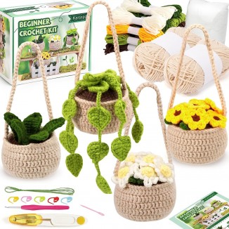 Karsspor Crochet Kit for Beginners Potted Plants, Beginner Crochet Kit