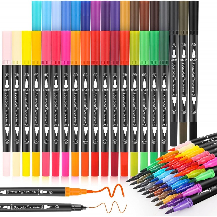 Soucolor Art Brush Markers Pens, 34 Colors Numbered Dual Tip