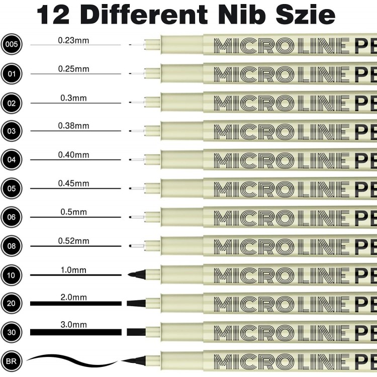 12-Pack Micro Fine Point Drawing Pens - Waterproof Black Ink