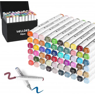 WELLOKB Alcohol Markers Set, 60 Dual Tip Permanent Art Markers for Coloring