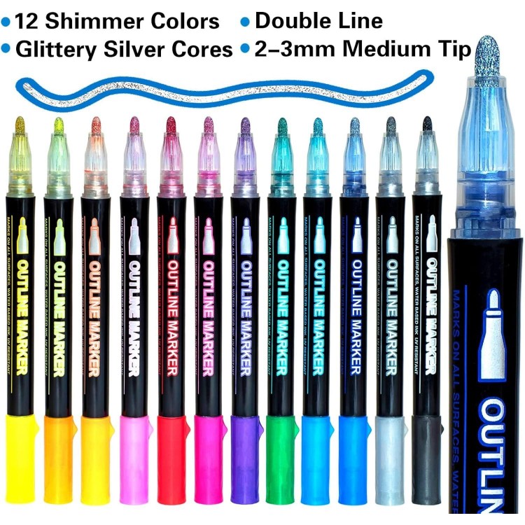 Shimmer Markers Outline Double Line: 12 Colors Metallic Glitter Pens Set