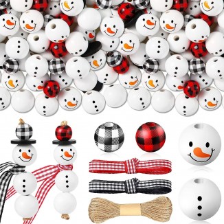 180 Pieces Christmas Snowman Wooden Bead Winter Buffalo Plaid Wood Round