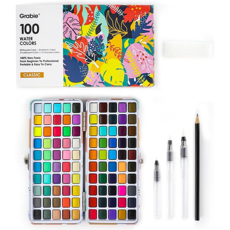 Grabie Watercolor Paint Set, Painting with Water Brush Pens and Drawing Pencil