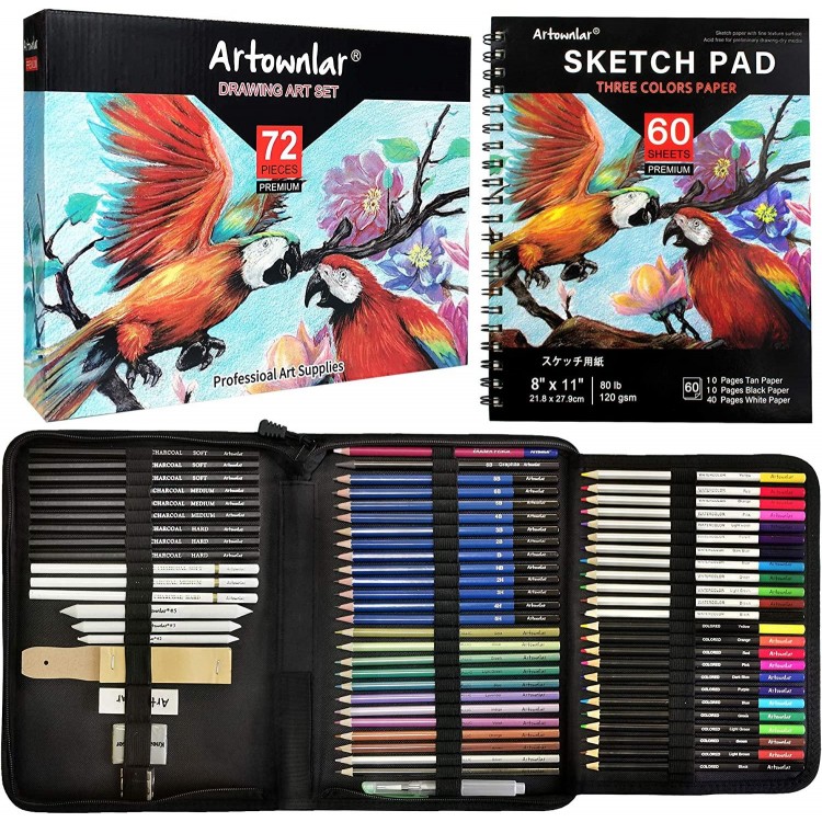 Artownlar 72 Pack Drawing Sketching Set with 8x11 Sketchbook