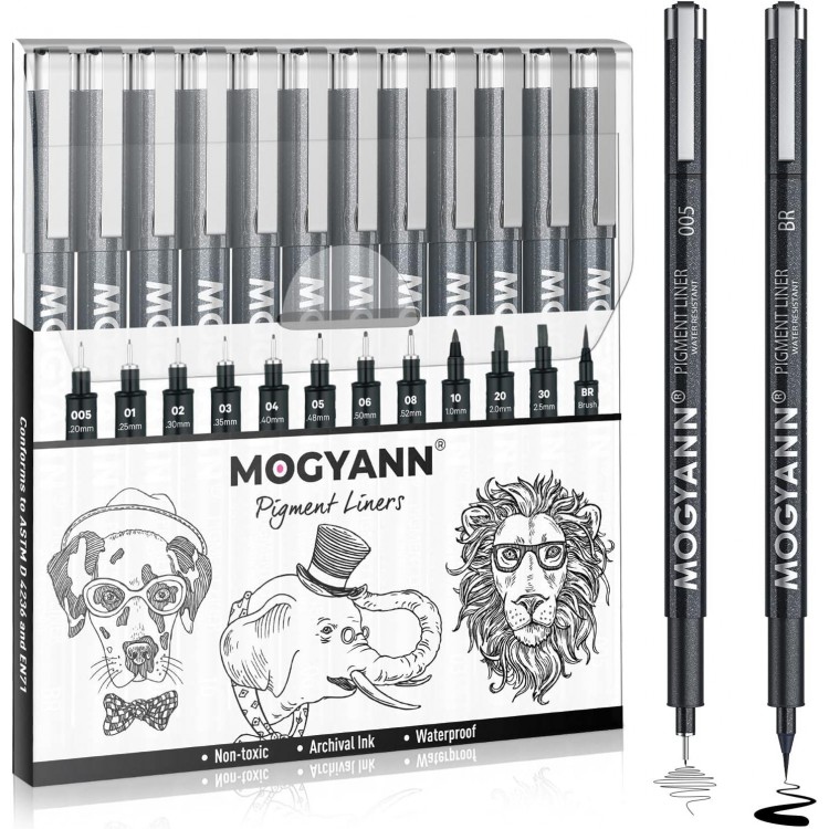 Mogyann Drawing Pens Black 12 Size Art Pens