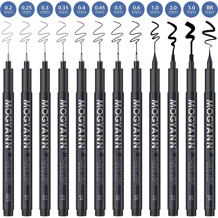 Mogyann Drawing Pens Black 12 Size Art Pens