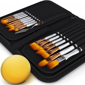16 Pieces Premium Artist Paint Brush Set - Includes Palette Knife, Sponge