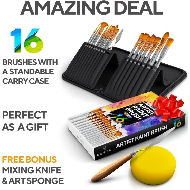 16 Pieces Premium Artist Paint Brush Set - Includes Palette Knife, Sponge