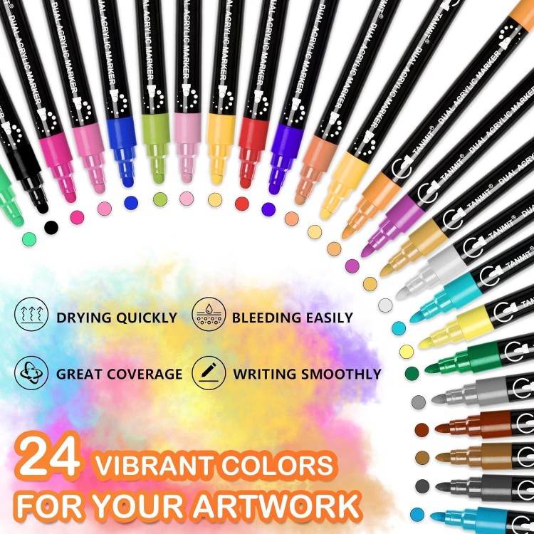 Acrylic Paint Pens Markers, 24 Colors Dual Tip Acrylic Paint Pens