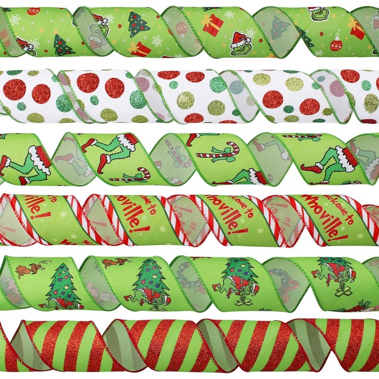 Grinchs Ribbon Wired 2.5Inch,6 Roll 30Yards Christmas Ribbon