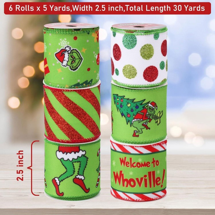 Grinchs Ribbon Wired 2.5Inch,6 Roll 30Yards Christmas Ribbon