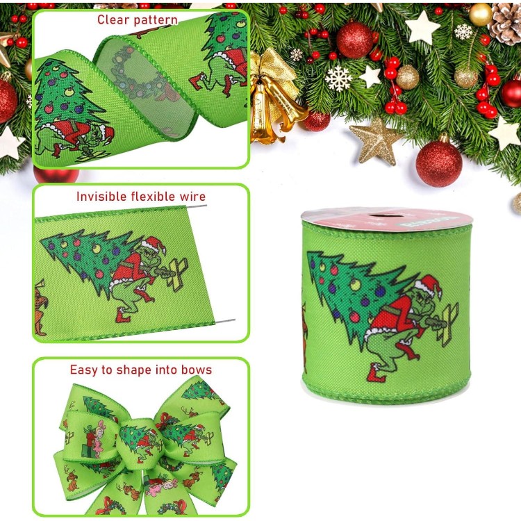 Grinchs Ribbon Wired 2.5Inch,6 Roll 30Yards Christmas Ribbon