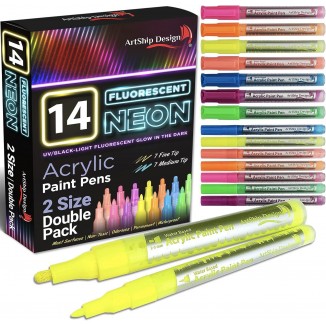 14-Pack Neon UV Fluorescent Acrylic Paint Pens - Extra Fine and Medium Tip Markers