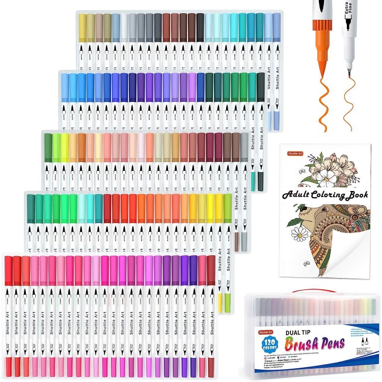 Shuttle Art Dual Brush and Fineliner Marker Pens Set with Coloring Book