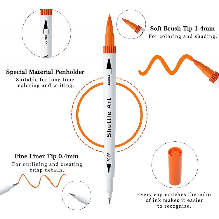 Shuttle Art Dual Brush and Fineliner Marker Pens Set with Coloring Book