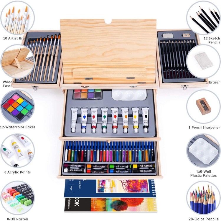 85 Piece Deluxe Wooden Art Supplies, Art Kit with Easel and Acrylic Pad